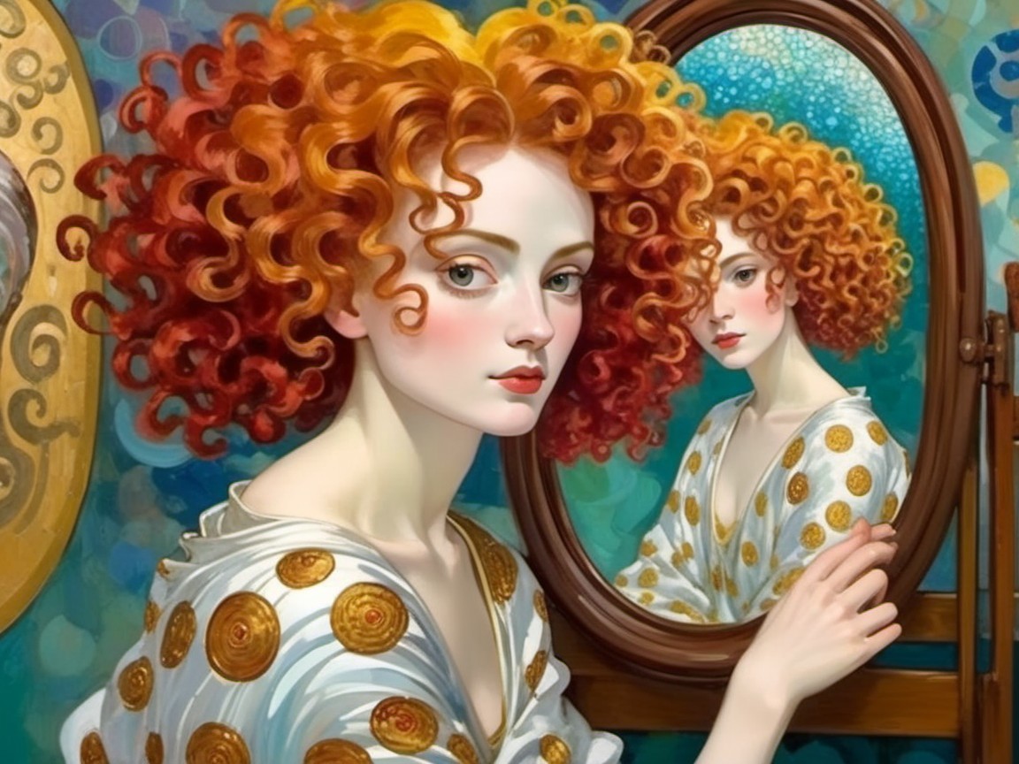 Young woman with curly red hair in white dress
