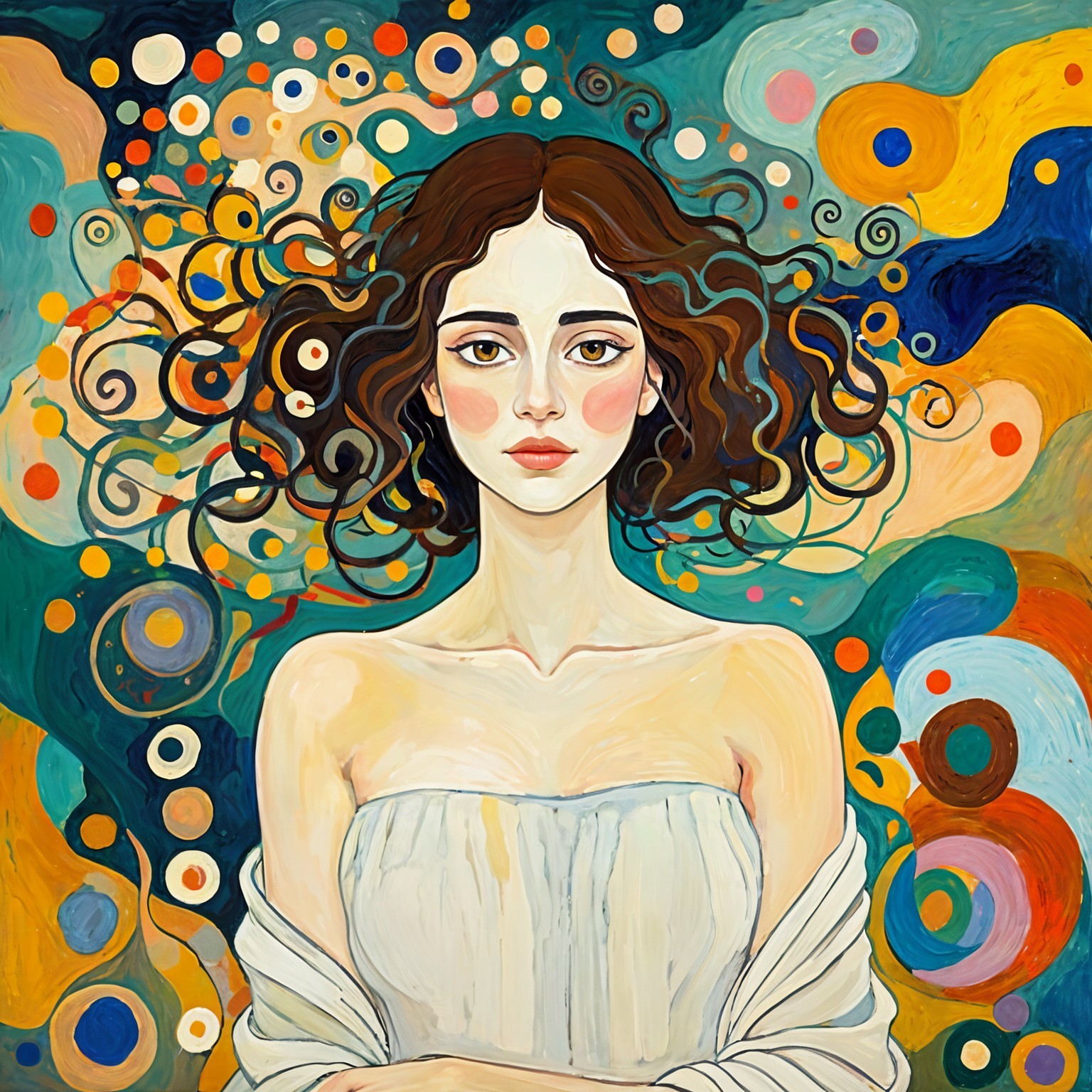 Woman in White Garment with Colorful Abstract Background