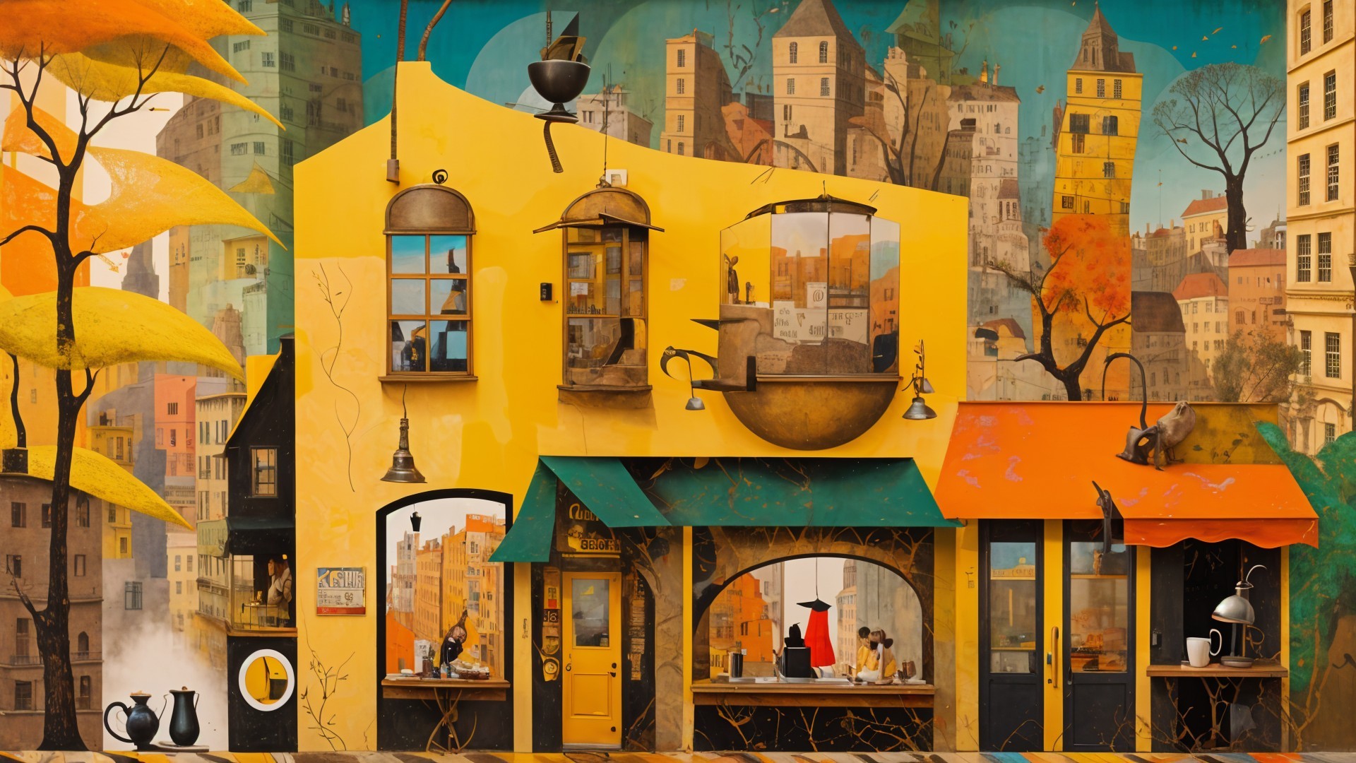 Whimsical Street Scene with Colorful Buildings and Teapots