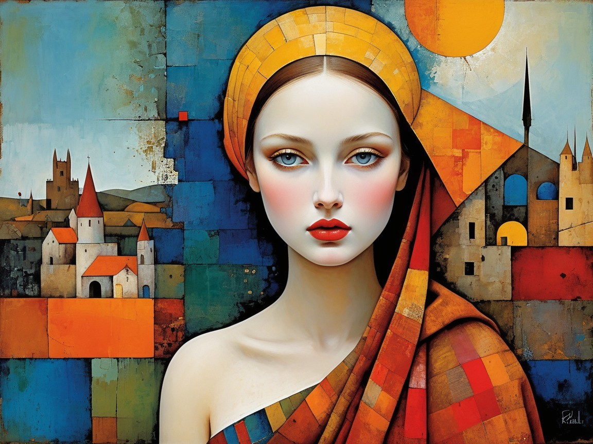 Woman in Colorful Shawl Against Geometric Landscape