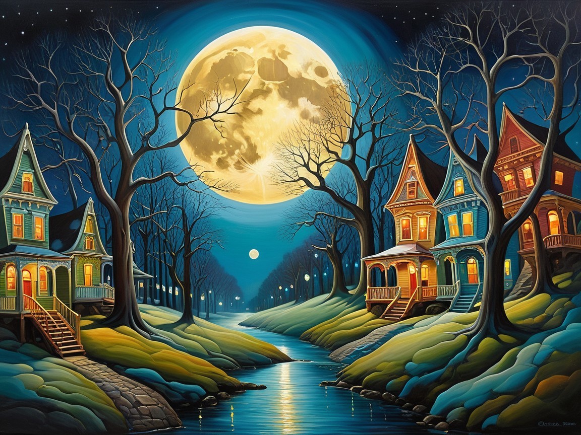 Moonlit River with Victorian Houses and Leafless Trees