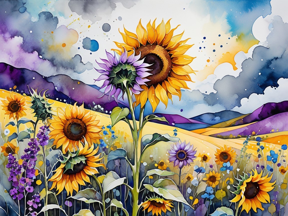 Vibrant Watercolor Landscape of Sunflowers and Hills
