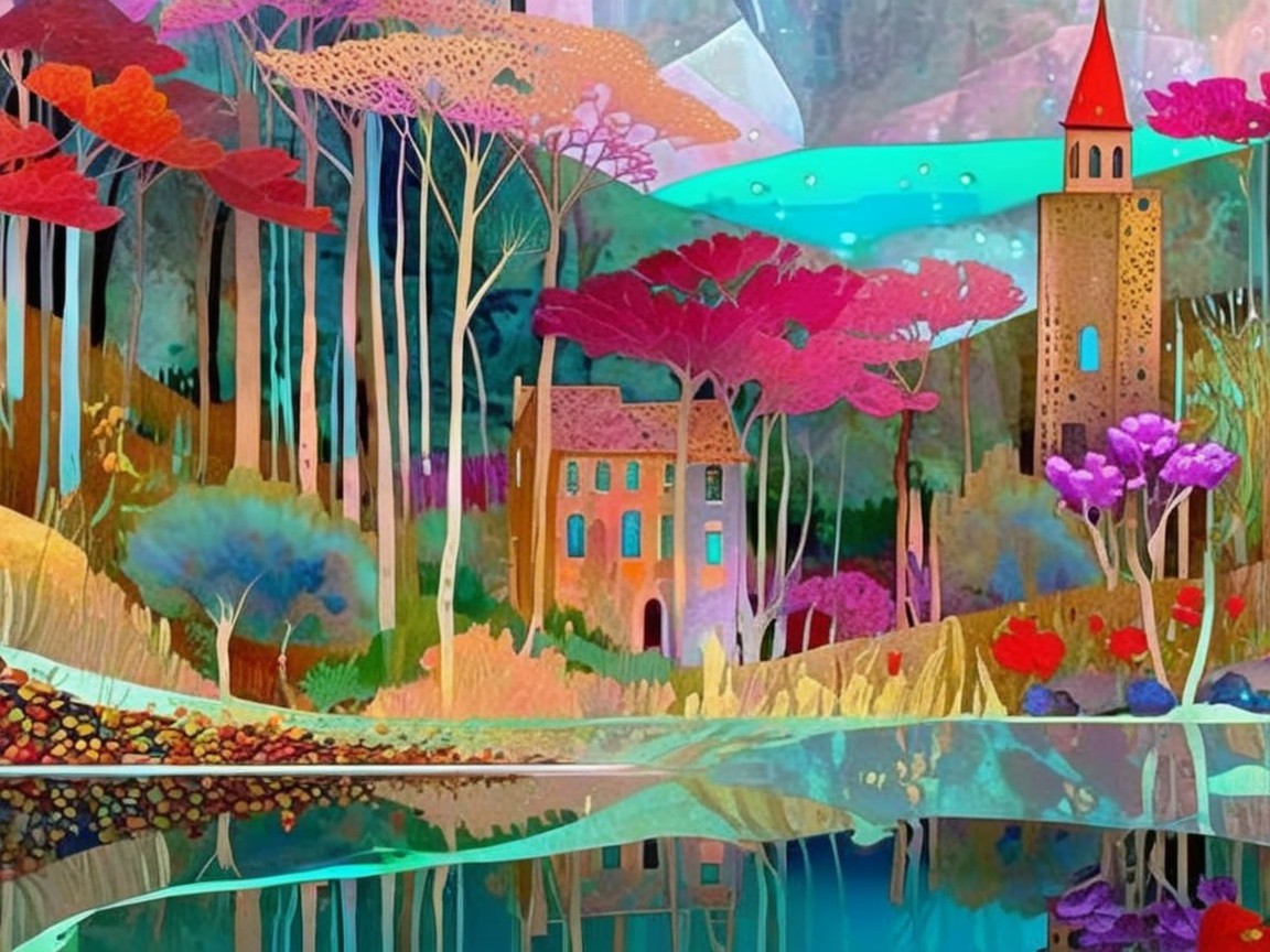 Vibrant Landscape with Colorful Trees and Serene Lake