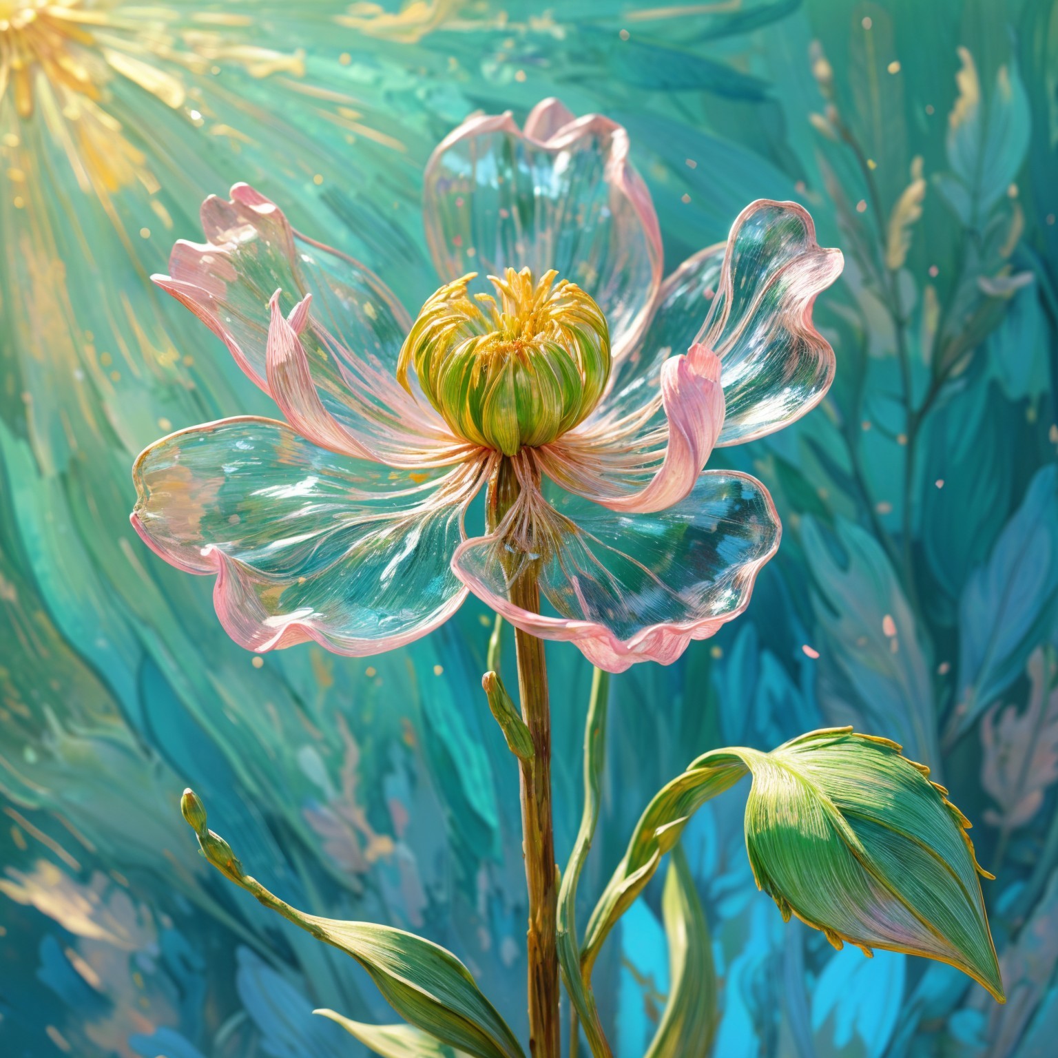 Translucent flower with pink and white petals in greens