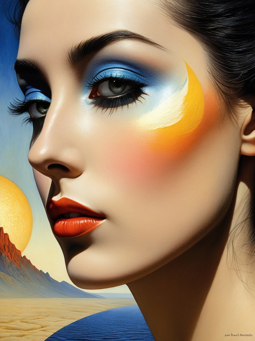 Striking Female Figure with Bold Makeup in Surreal Landscape