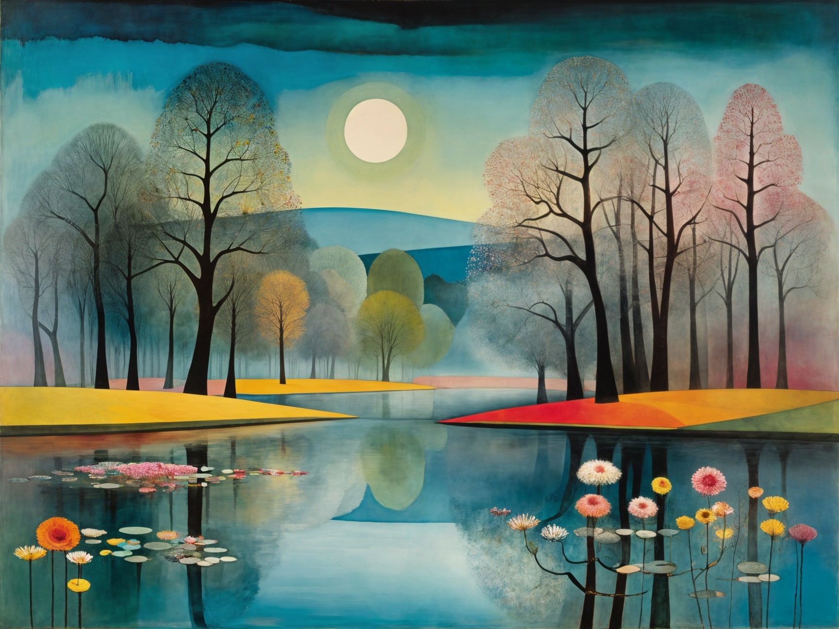 Tranquil Lake and Colorful Foliage Under Moonlight
