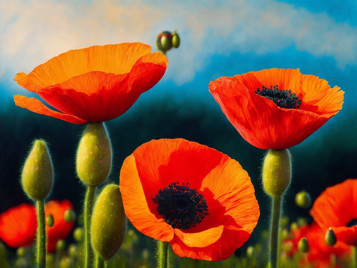 Bright Orange Poppy Flowers Against Blue Sky