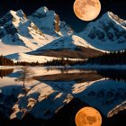 Nighttime lakeside view: full moon, snow-capped mountains, lone tree island