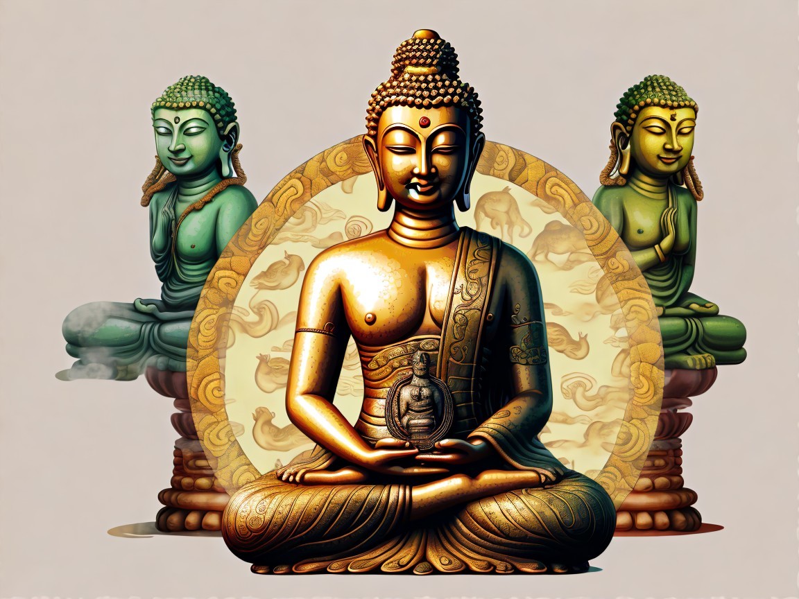 Golden Buddha Surrounded by Green Buddhas in Meditation