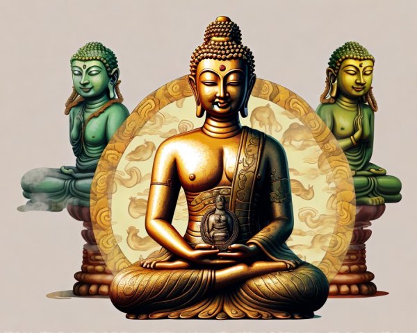Golden Buddha Surrounded by Green Buddhas in Meditation