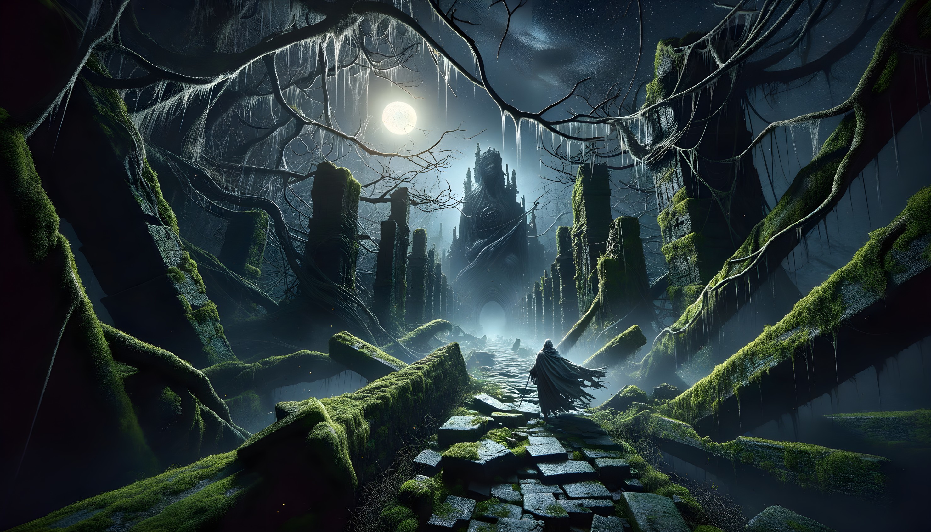 Mysterious landscape with ruins and shadowy castle