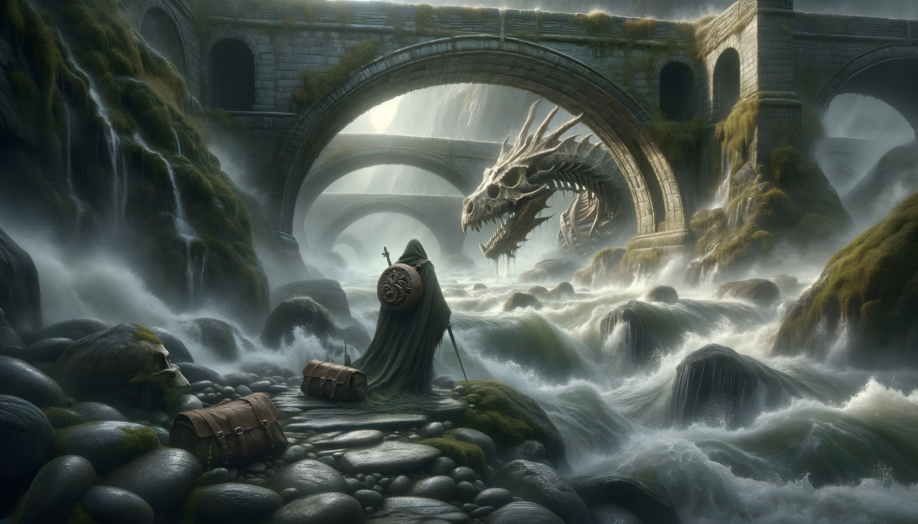 Cloaked Figure by River with Stone Dragon and Chests