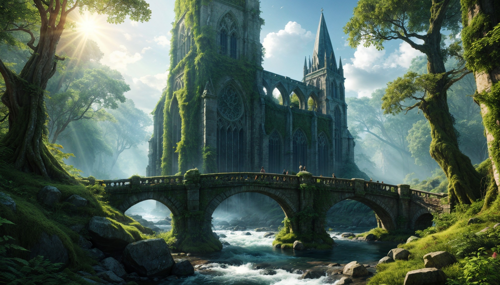 Gothic Cathedral Surrounded by Lush Greenery and River