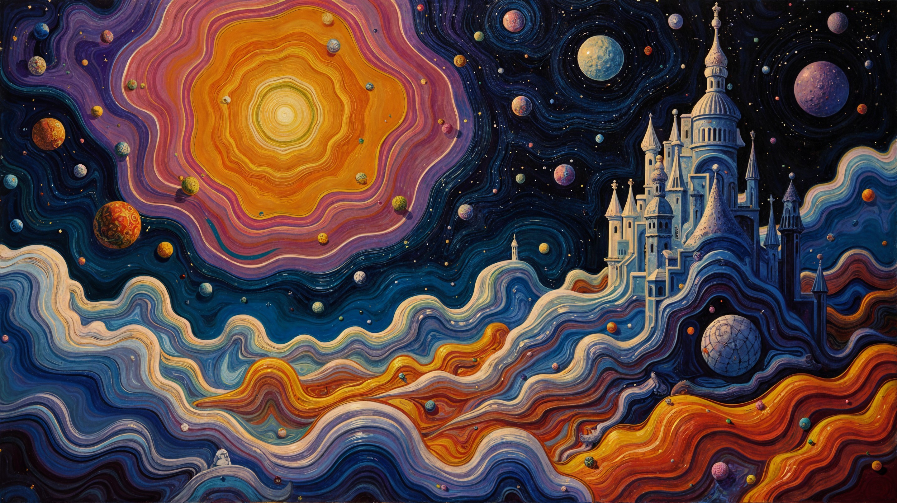 Vibrant Cosmic Landscape with Surreal Castle and Planets