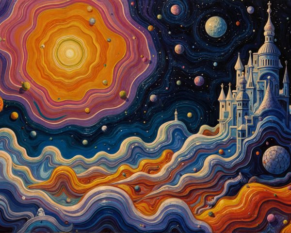 Vibrant Cosmic Landscape with Surreal Castle and Planets
