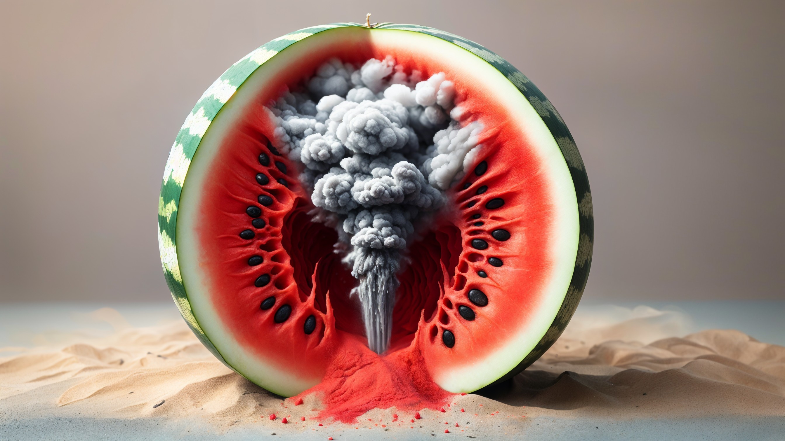 Half Watermelon Erupts with Gray Smoke and Red Powder