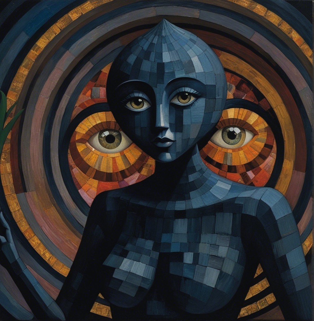 Stylized Figure with Geometric Form and Swirling Background