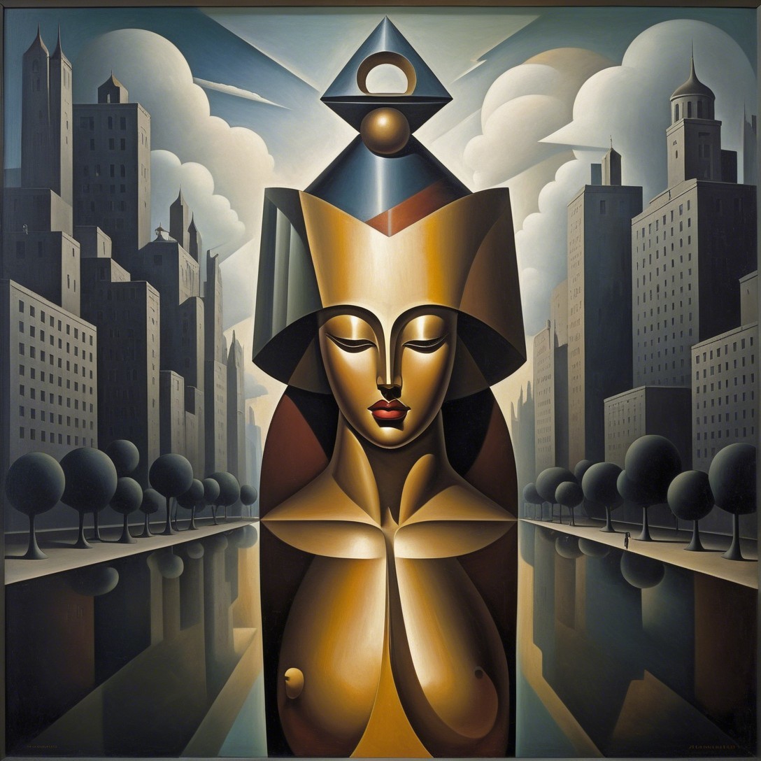Abstract Figure of Woman Amid City and Waterway