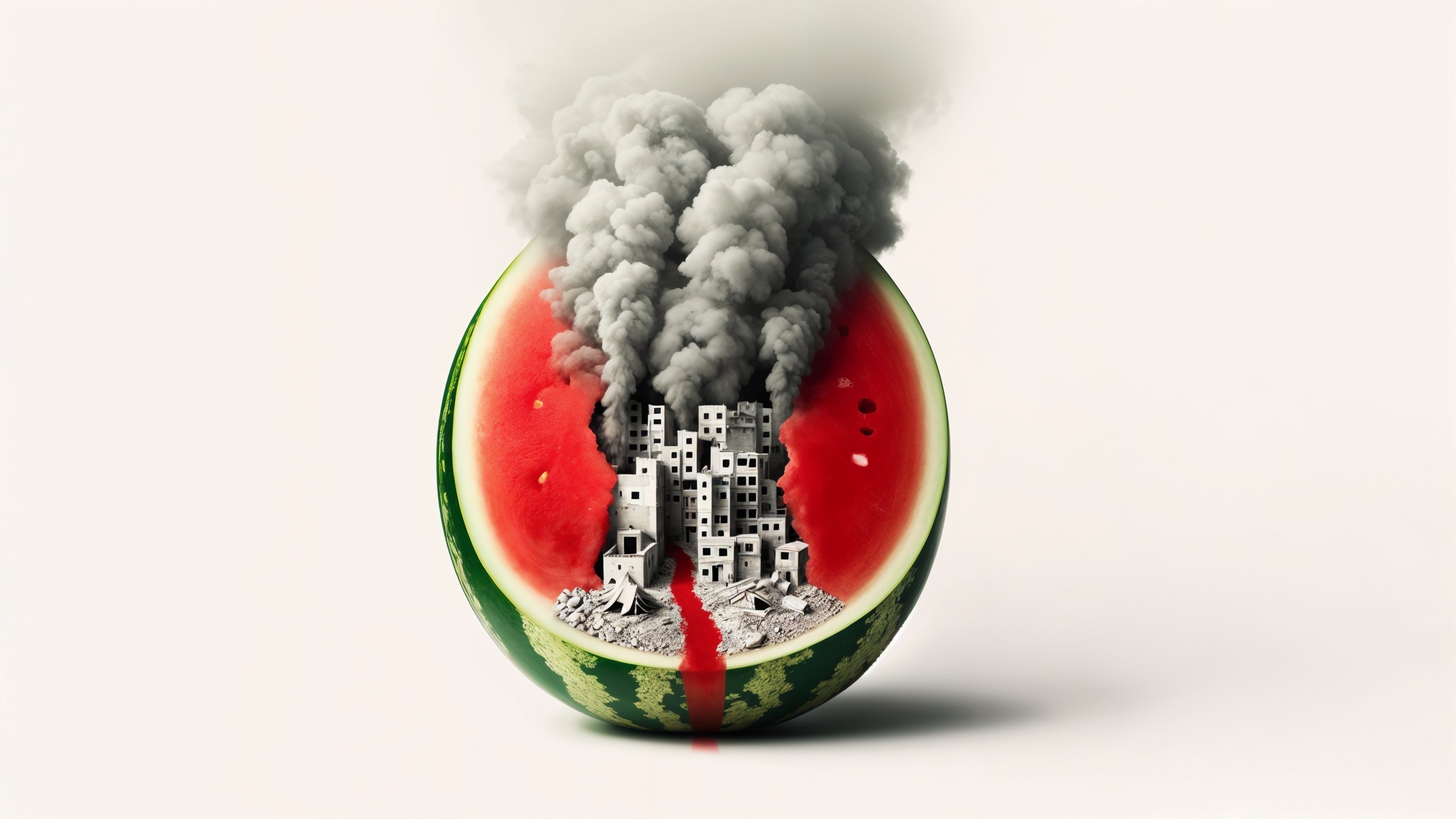 Watermelon and Dystopian Cityscape Juxtaposition