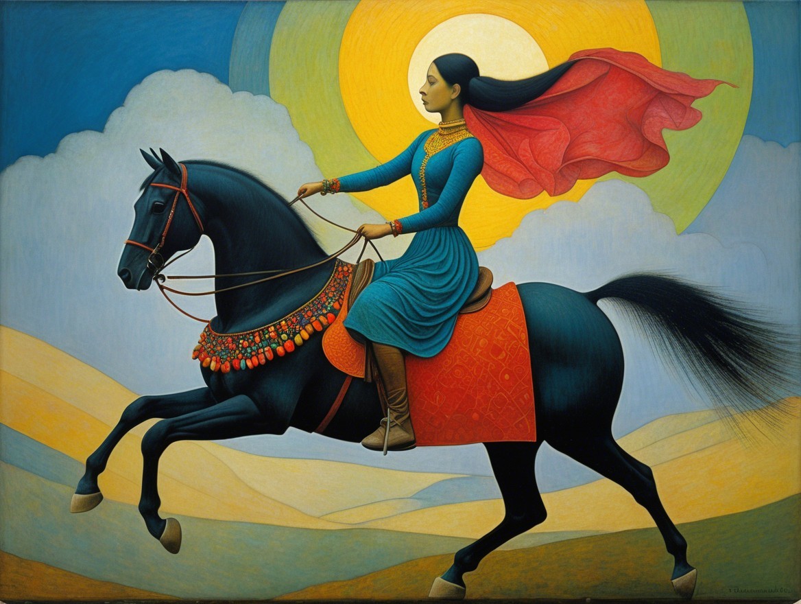 Woman in Blue Dress on Black Horse with Red Cape