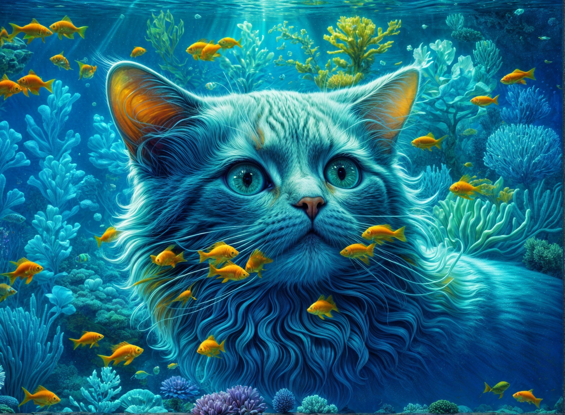 Surreal Underwater Scene with Cat and Marine Life