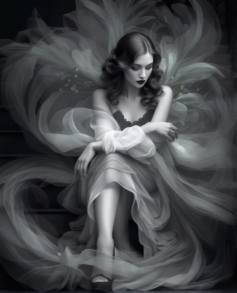Ethereal Figure Sitting Gracefully on a Staircase