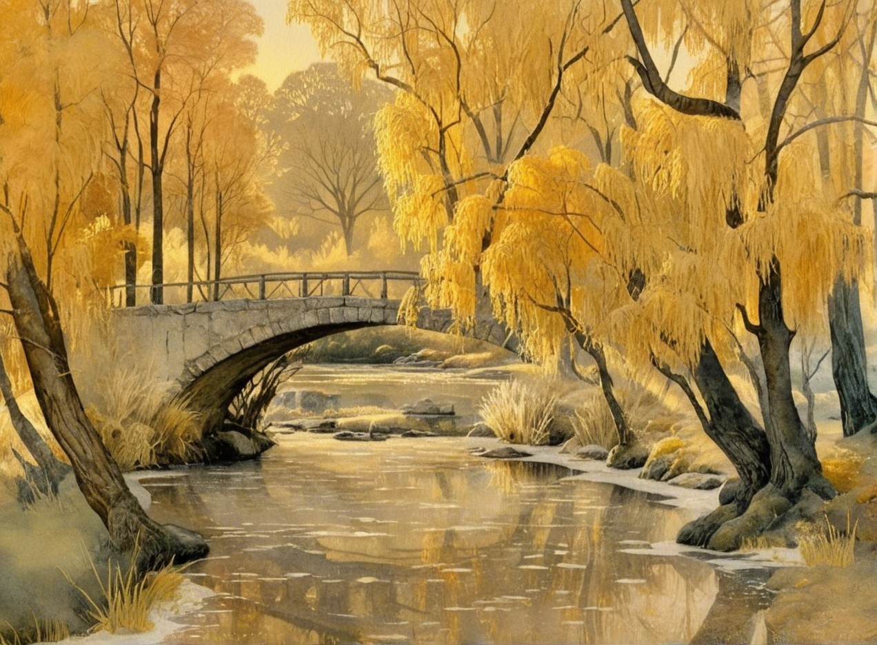 Tranquil Stream with Autumn Foliage and Stone Bridge