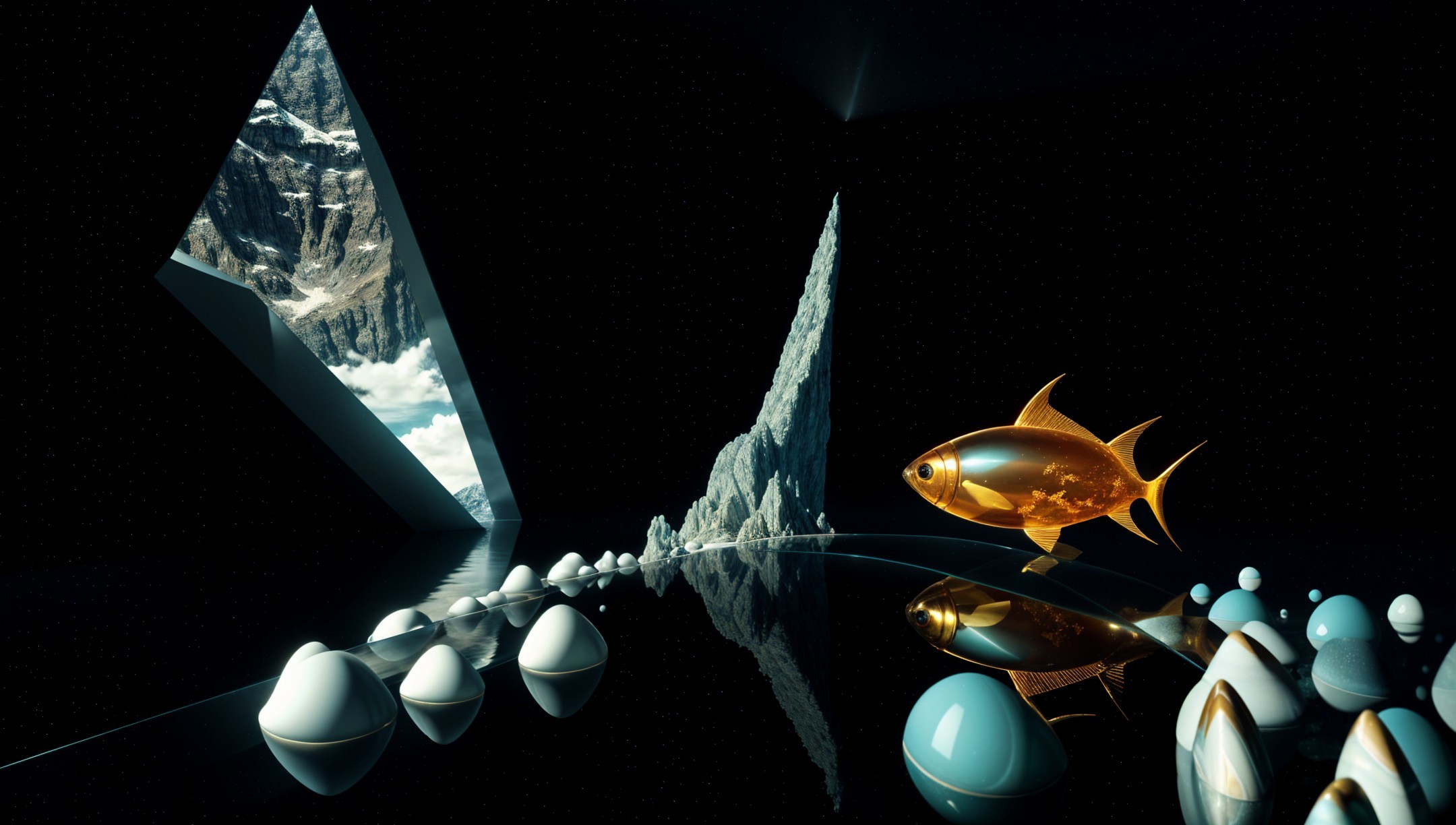 Surreal Scene with Gold Fish and Mountain Reflections