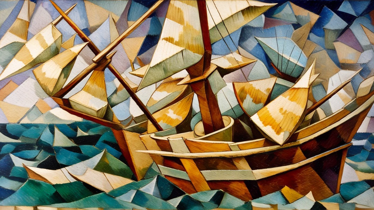 Cubist Depiction of a Sailing Ship in Turbulent Waters