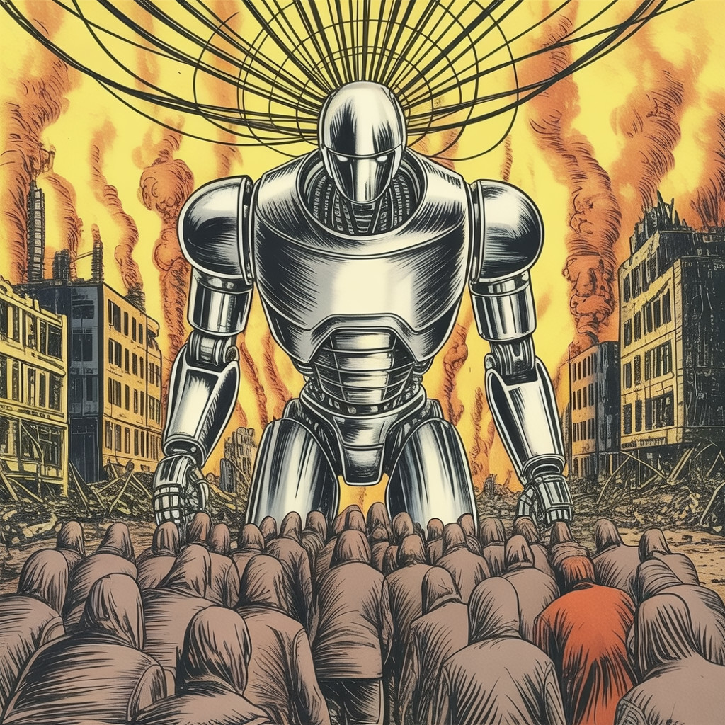 Colossal Silver Robot Overlooks Submissive Crowd