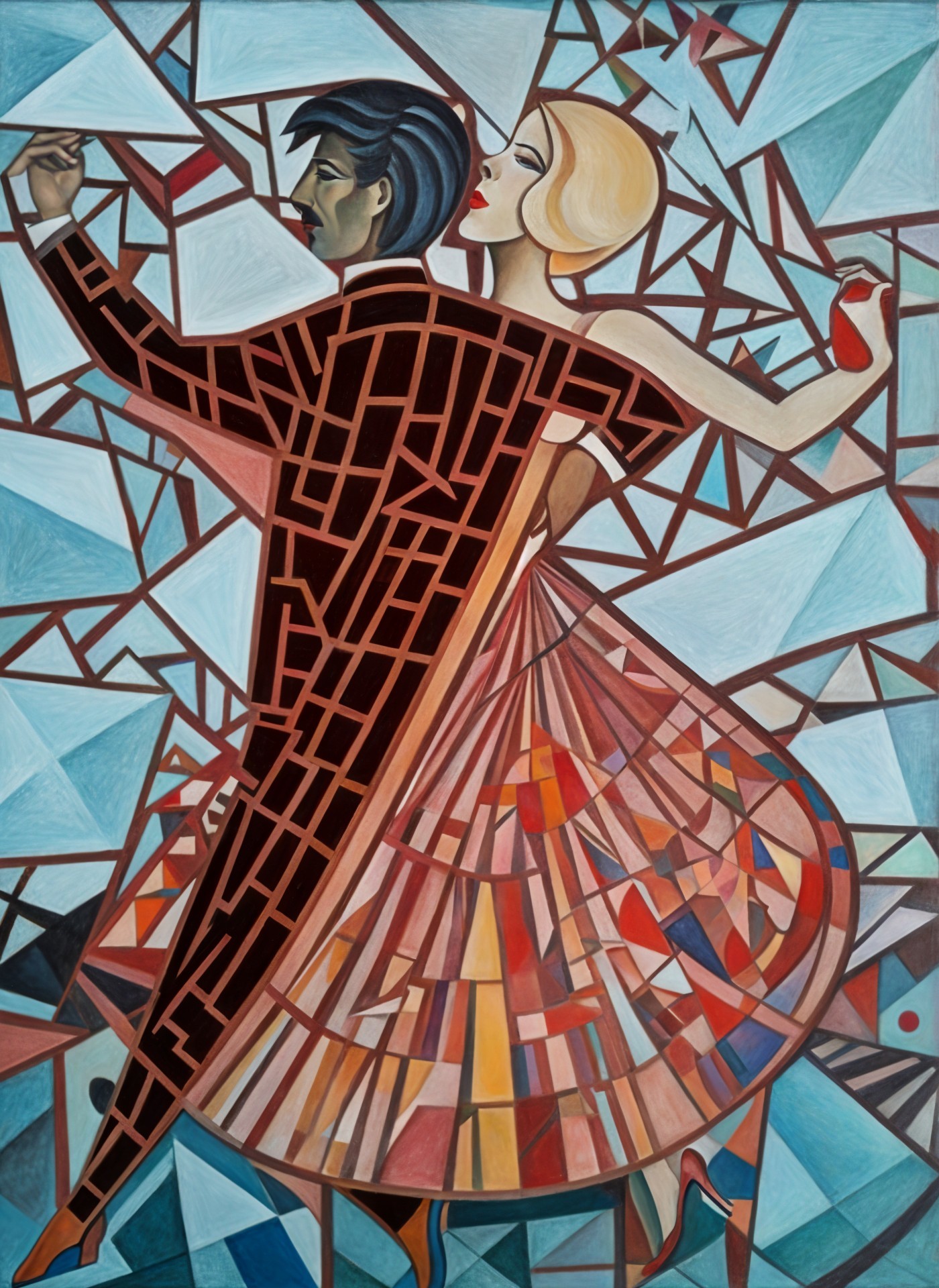 Couple Dancing with Geometric Shapes and Vibrant Colors