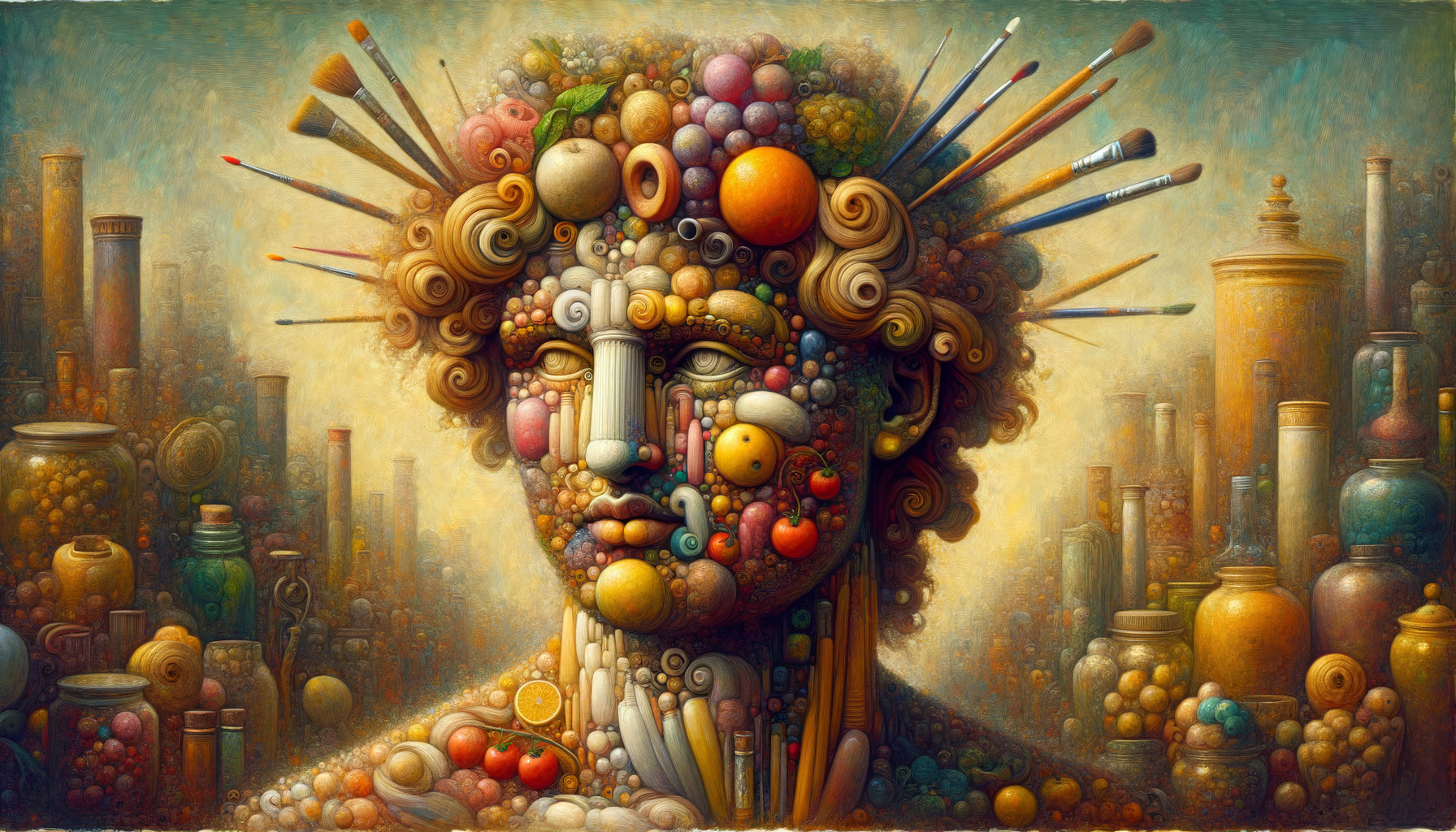 Surreal Head Made of Fruits, Vegetables, and Art Supplies