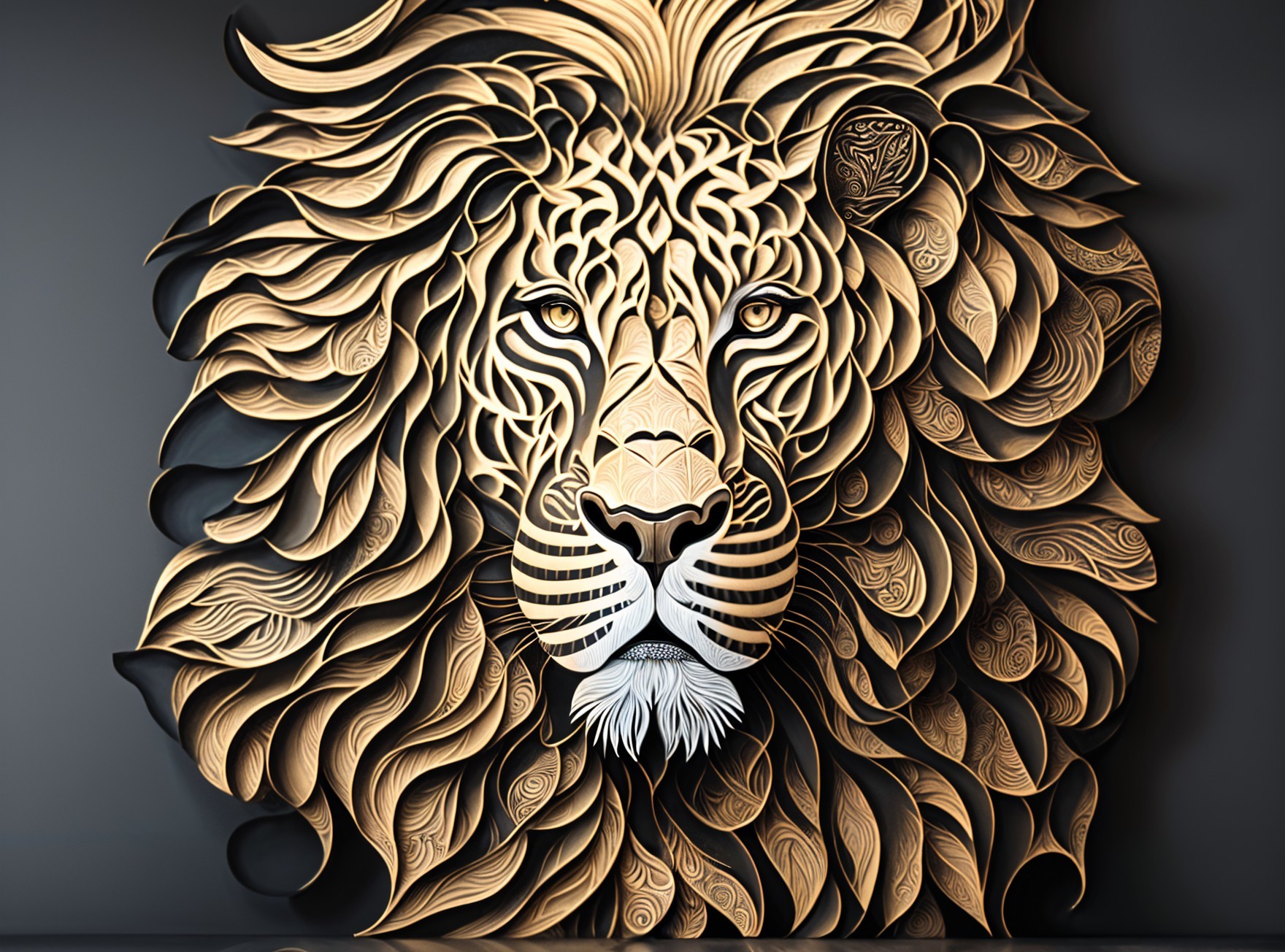 Intricately Designed Wooden Lion's Head Artwork