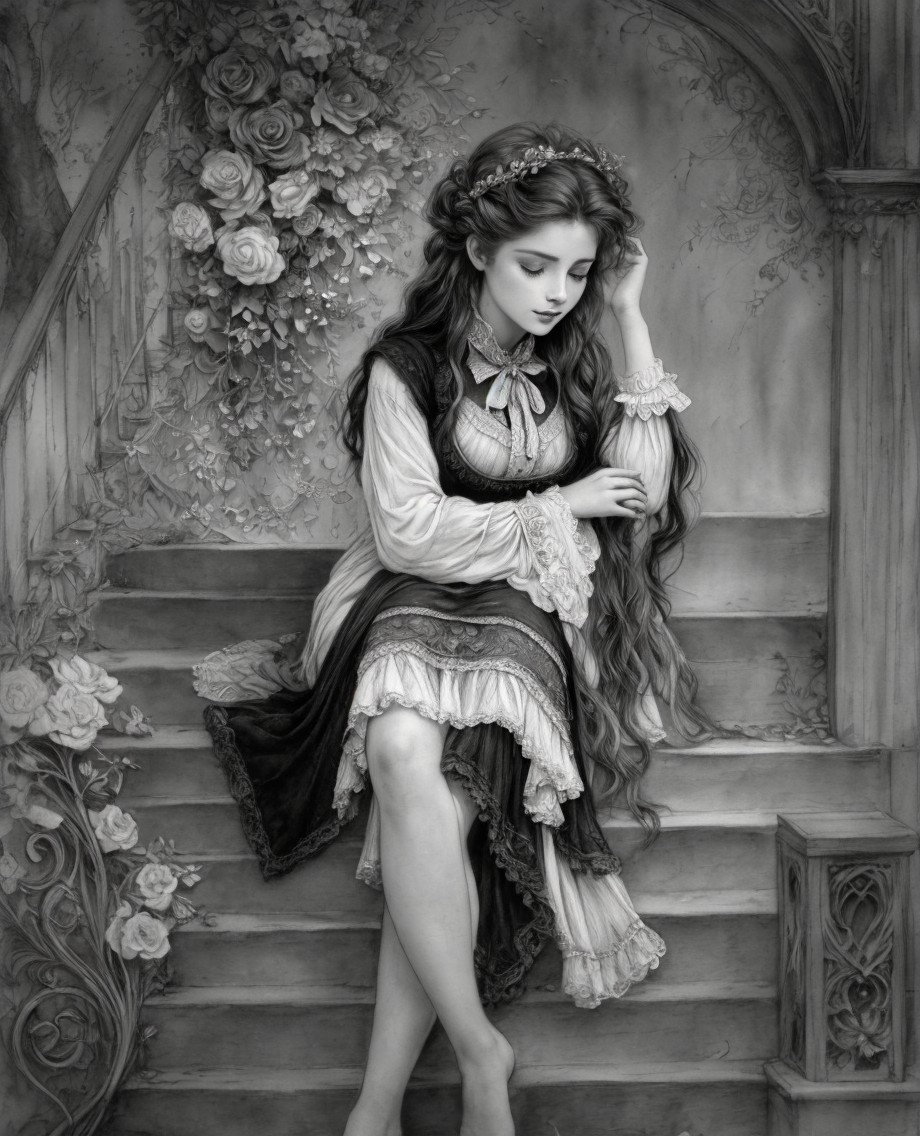 Monochrome Illustration of Woman on Staircase with Roses
