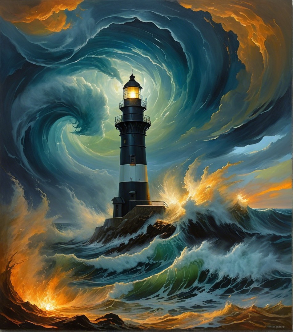 Dramatic Lighthouse Facing Stormy Sea and Clouds