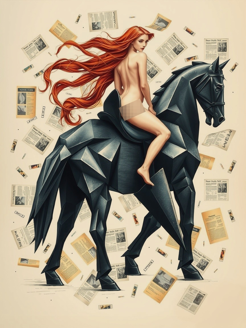 Stylized Woman on Black Horse with Newspaper Collage