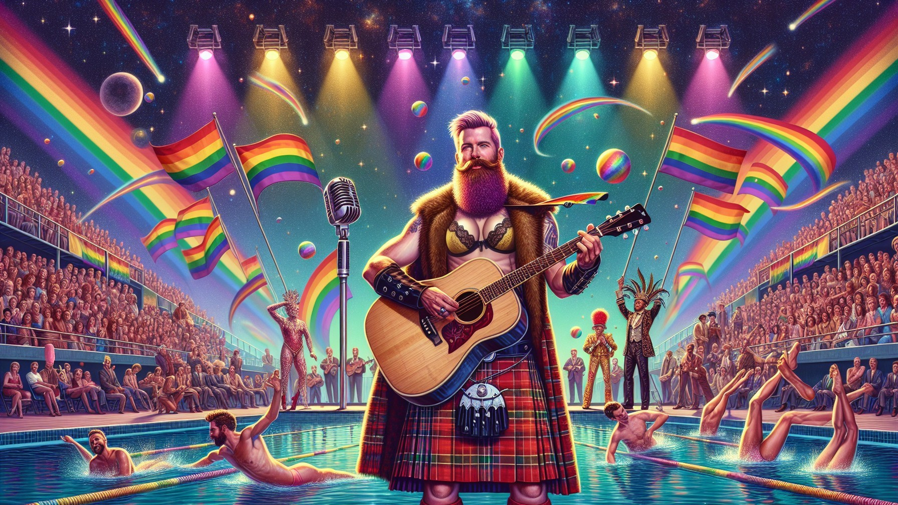 Bearded Man in Kilt Playing Guitar at Pride Event