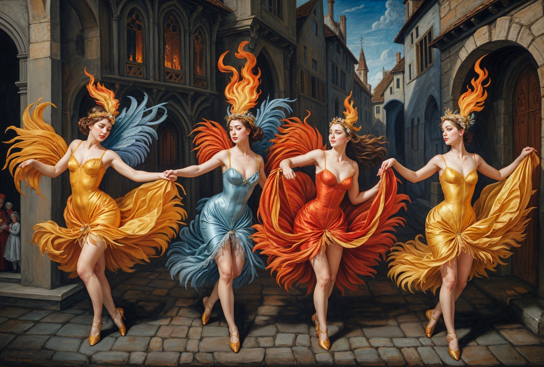 Performers in Flame-Inspired Costumes on Cobblestone Street