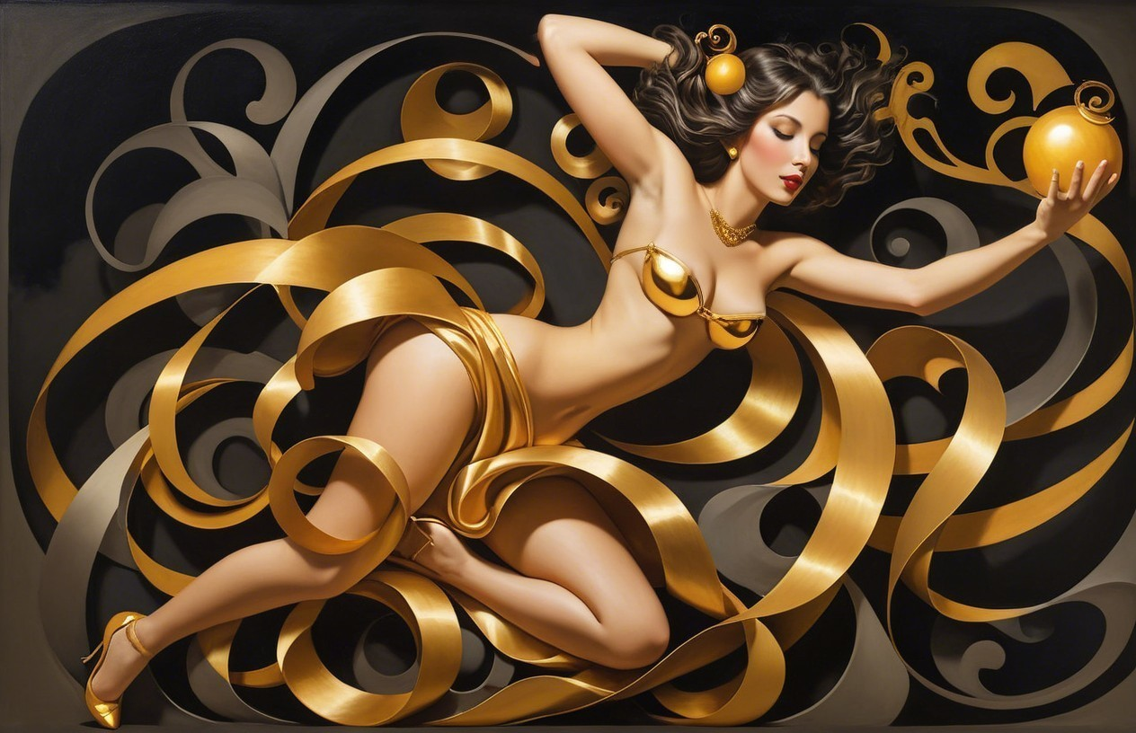 Elegant Figure with Golden Ribbons Against Dark Background