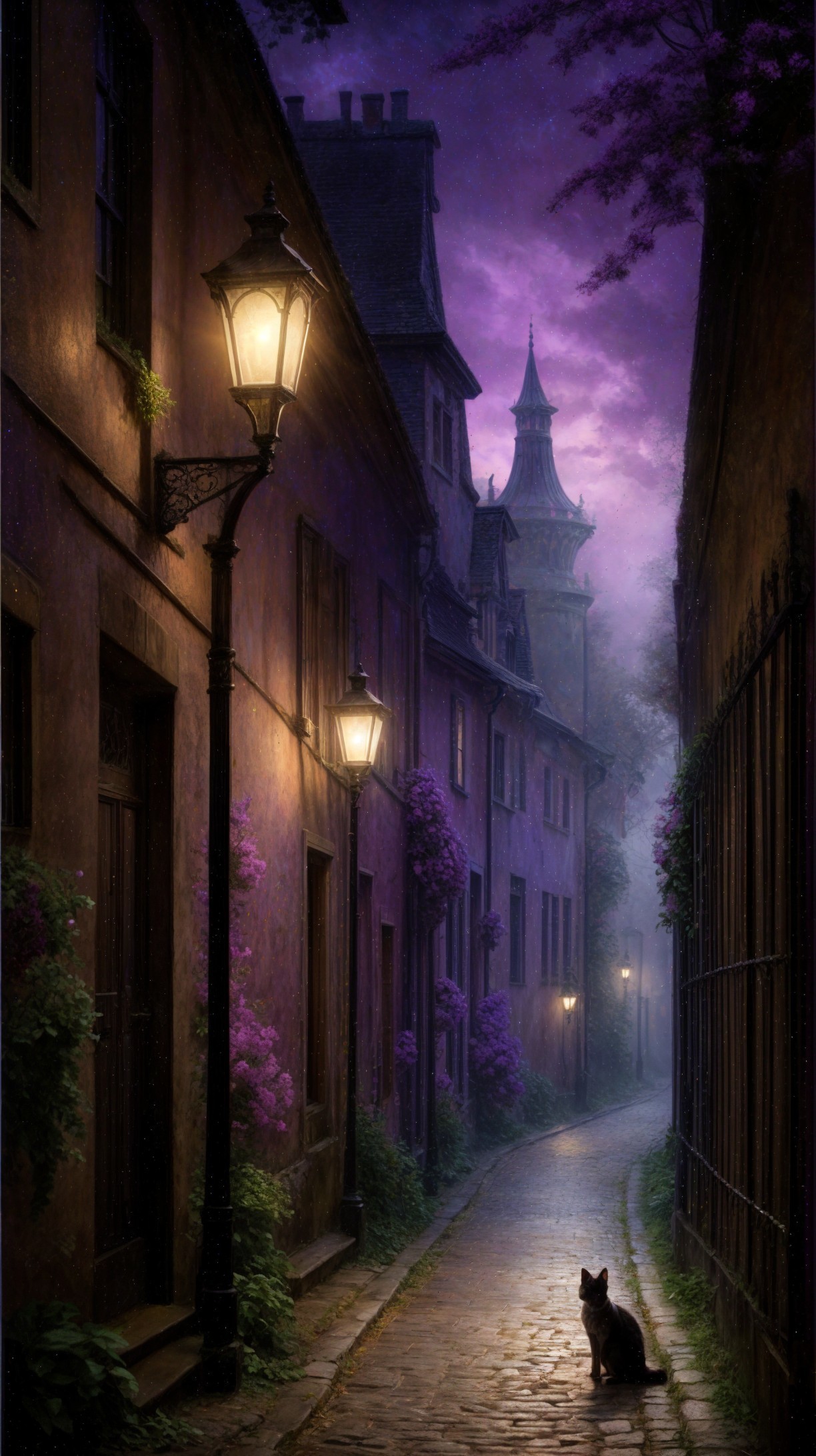 Charming Cobblestone Alley with Vintage Street Lamps