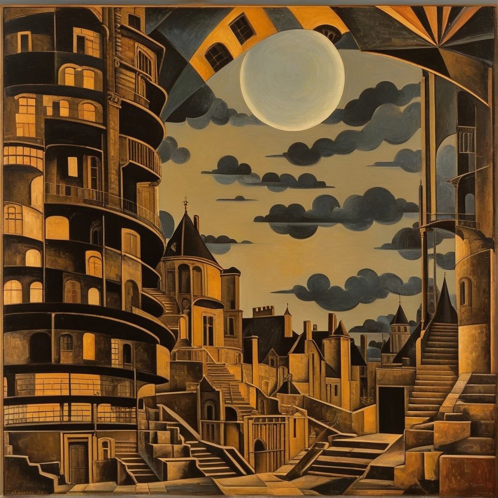 Surreal Urban Landscape in Moonlight with Dramatic Atmosphere