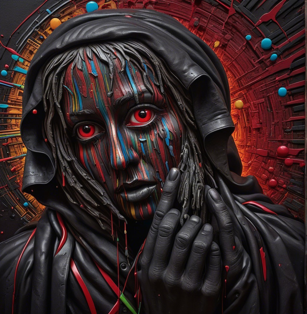 Striking Figure with Black Skin and Vivid Red Eyes
