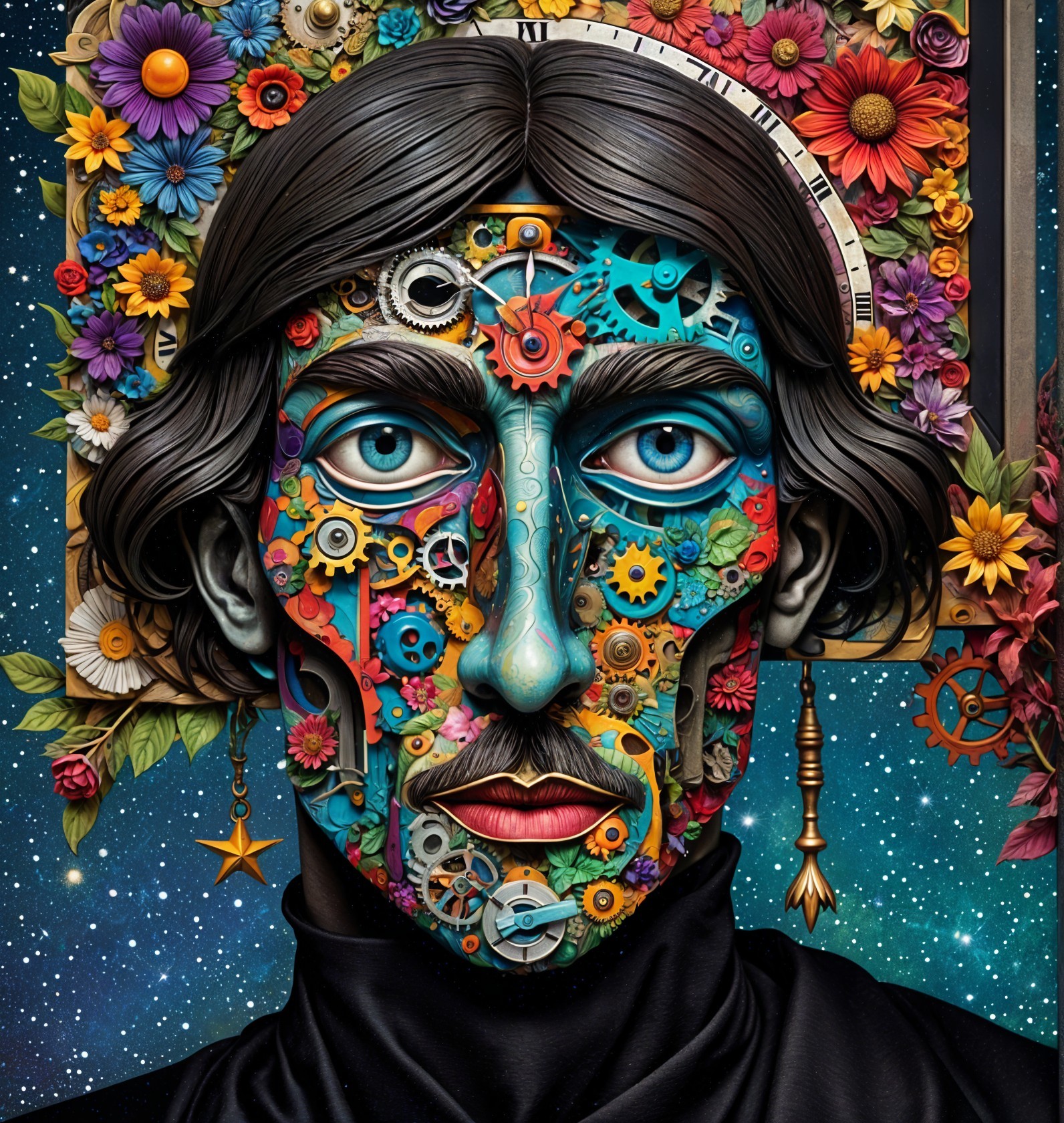 Portrait of a man with colorful gear and celestial designs