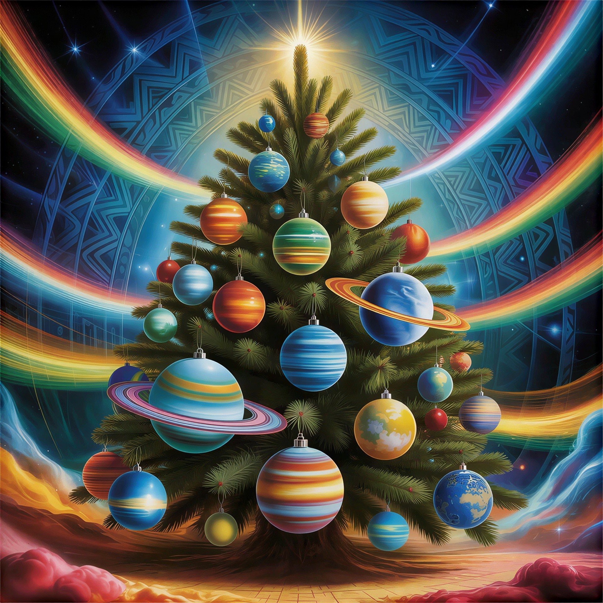 Cosmic Digital Painting of a Planet-Themed Christmas Tree