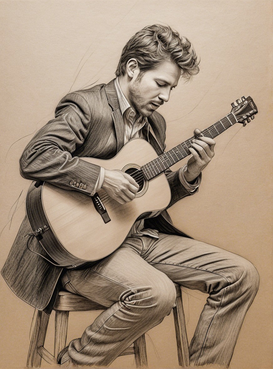 Young man in suit playing acoustic guitar illustration