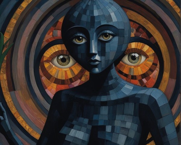 Stylized Figure with Geometric Form and Swirling Background