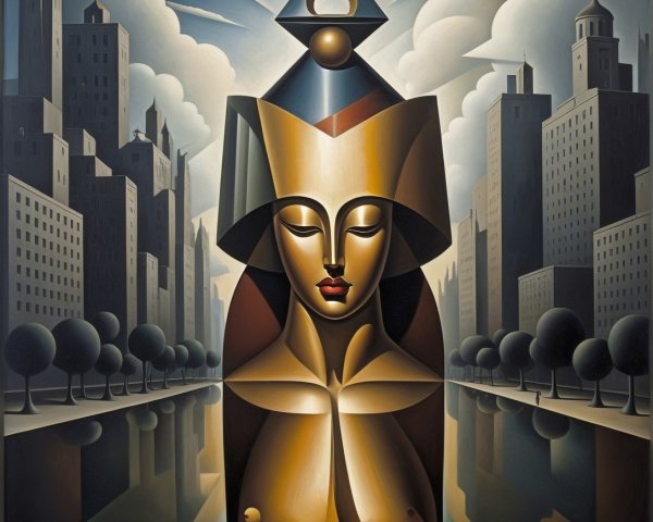 Abstract Figure of Woman Amid City and Waterway