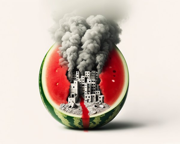 Watermelon and Dystopian Cityscape Juxtaposition