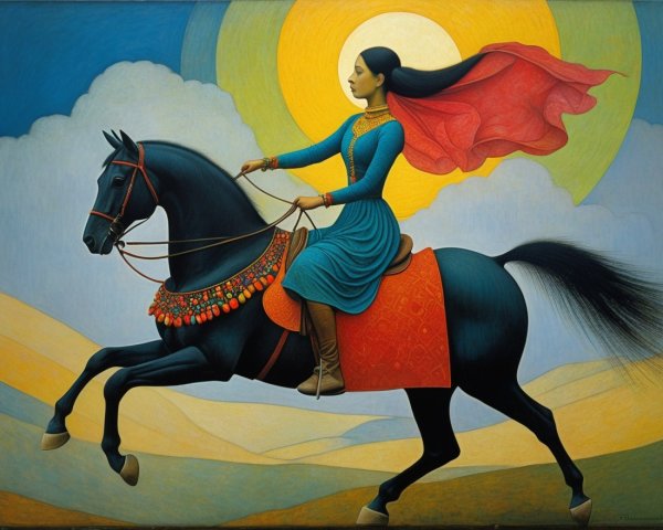 Woman in Blue Dress on Black Horse with Red Cape