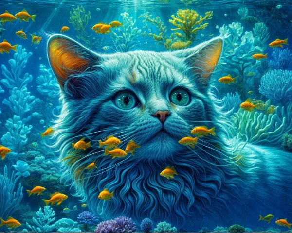Surreal Underwater Scene with Cat and Marine Life